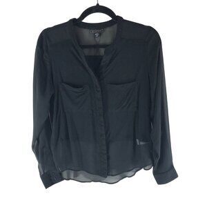 Metaphor Black Sheer Overlay Button-Front Blouse Long Sleeve Pockets S